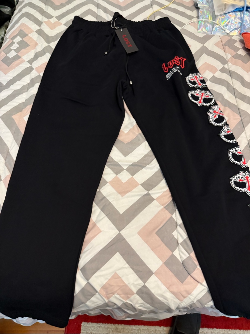 Lost Intricacy Men’s Black Graphic Joggers Red & White Accent